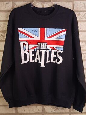 The Beatles Sweatshirt Mens Medium Long Sleeve Black British Flag Graphic